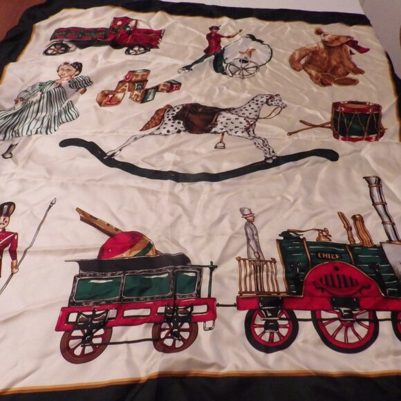 Vintage Silk Christmas Scarf/ ECHO/ Toys/ Toy Soldiers/ Train/ Doll - Picture 6 of 8